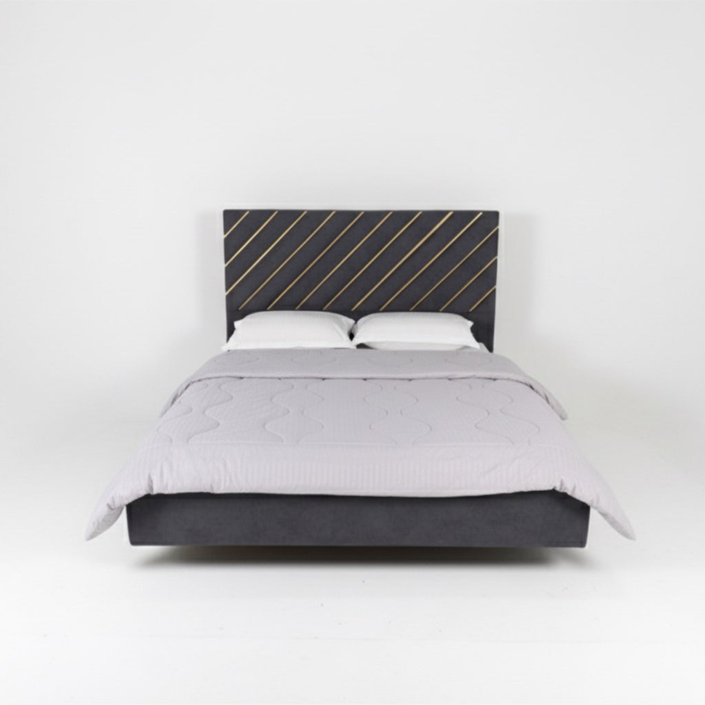 Luxury Signature Bed – Dark Blue & Golden Beige with Diagonal Line Headboard with Metal Base and Wooden Frame