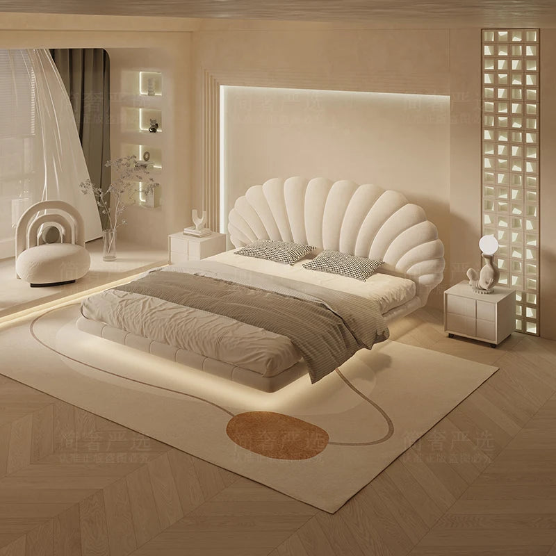 Floating Lighted Bed with Headboard in Seashell Style
