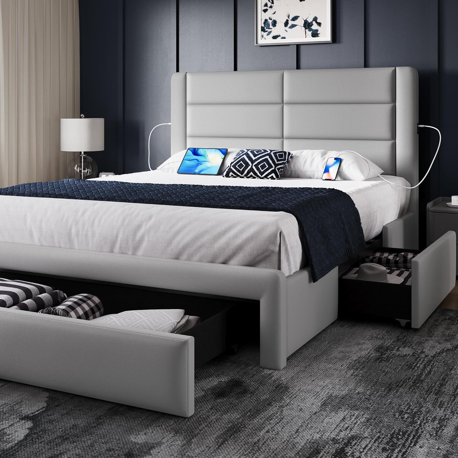 Modern Bed with Storage Drawers, USB Ports, High Upholstered Headboard