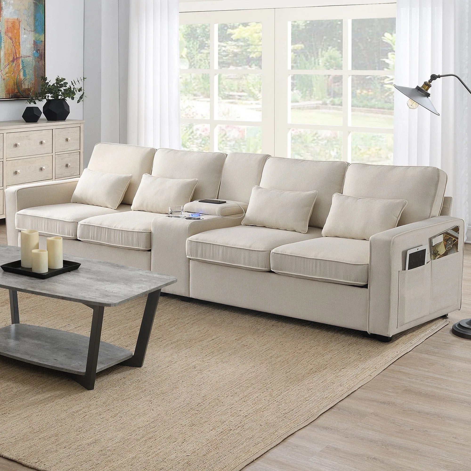 Upholstered Sofa Furniture with Console 2 Cupholders Modern Linen Fabric