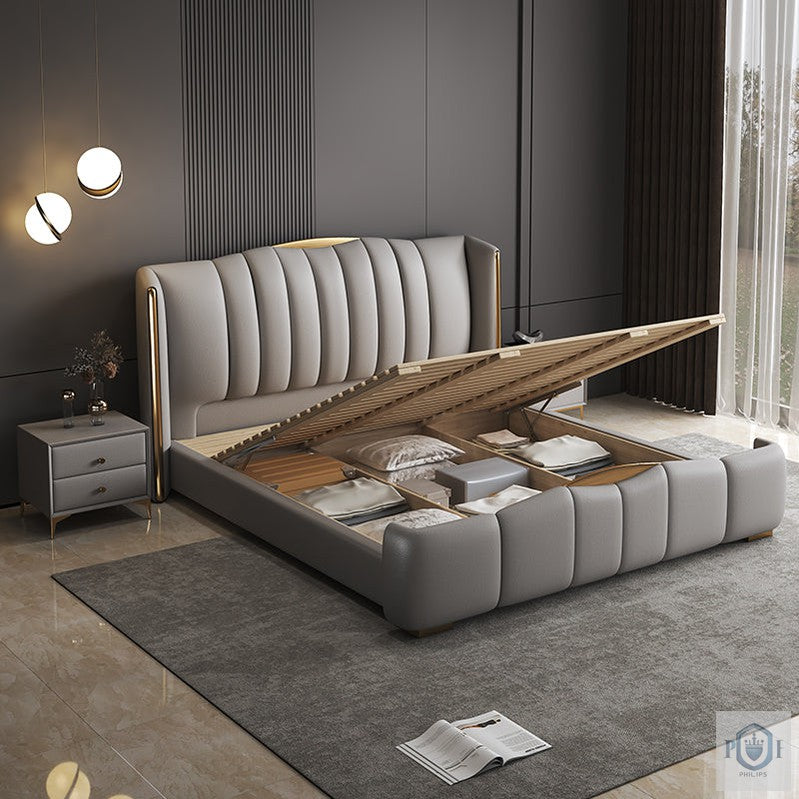 "Multifunctional Couple Bed Bedroom Organizer Super King Size Bed, Leather"