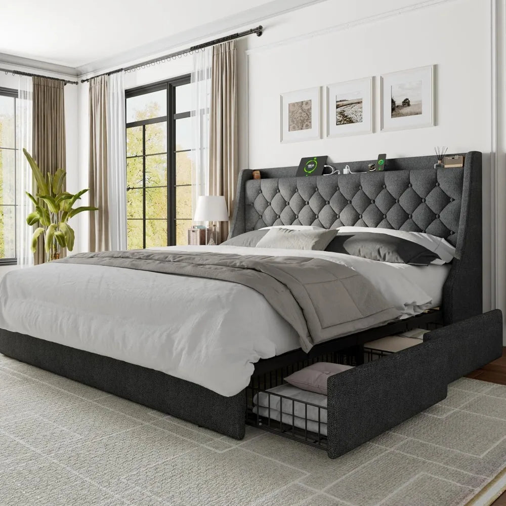"Bed Frame with 4 Storage Drawers, Storage Bed with Charging Station, Tufted Wingback Storage Headboard, dark grey Super King\n"