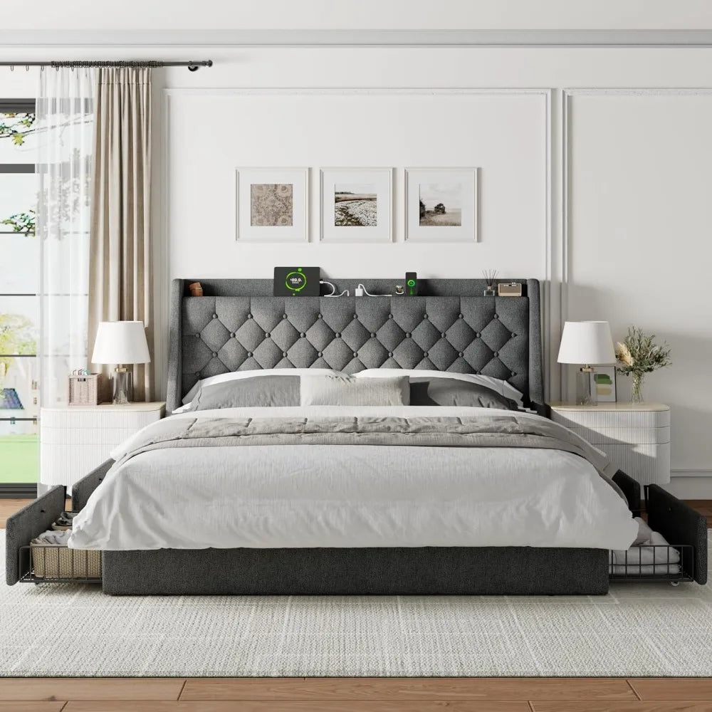 "Bed Frame with 4 Storage Drawers, Storage Bed with Charging Station, Tufted Wingback Storage Headboard, dark grey Super King- 200x200"