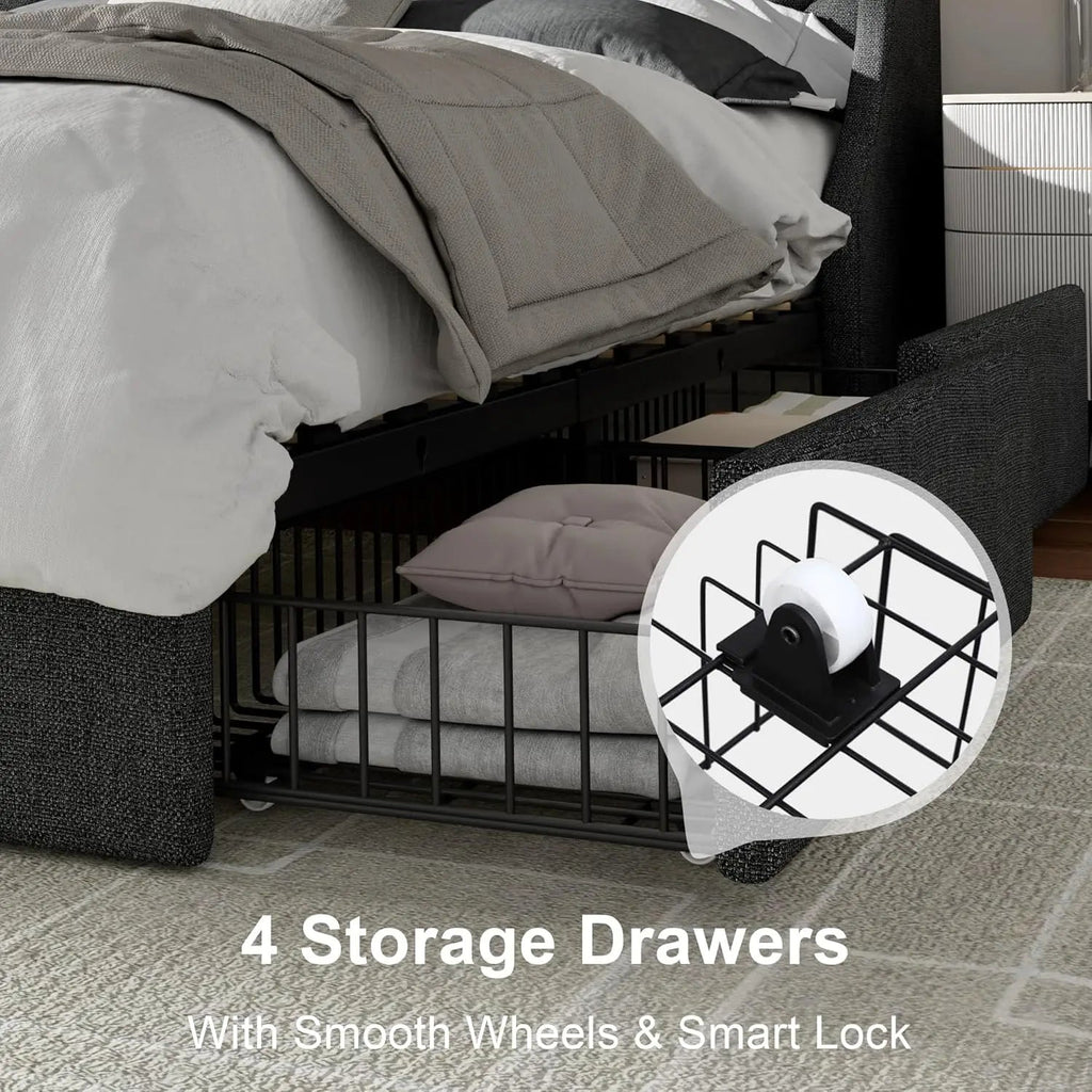"Bed Frame with 4 Storage Drawers, Storage Bed with Charging Station, Tufted Wingback Storage Headboard, dark grey Super King - 200x200"