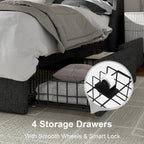 "Bed Frame with 4 Storage Drawers, Storage Bed with Charging Station, Tufted Wingback Storage Headboard, dark grey Super King - 200x200"