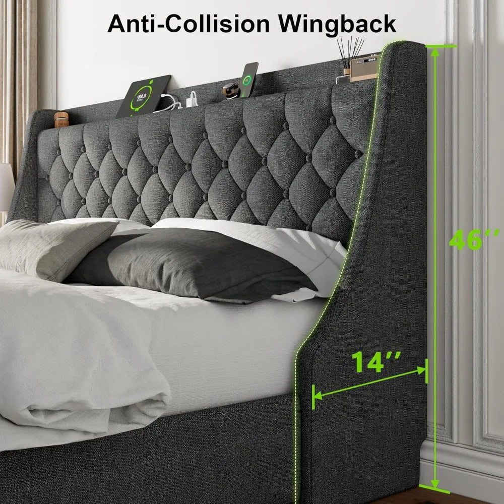 "Bed Frame with 4 Storage Drawers, Storage Bed with Charging Station, Tufted Wingback Storage Headboard, dark grey Super King-200x200 + 180x200"