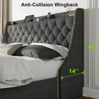 "Bed Frame with 4 Storage Drawers, Storage Bed with Charging Station, Tufted Wingback Storage Headboard, dark grey Super King-200x200 + 180x200"