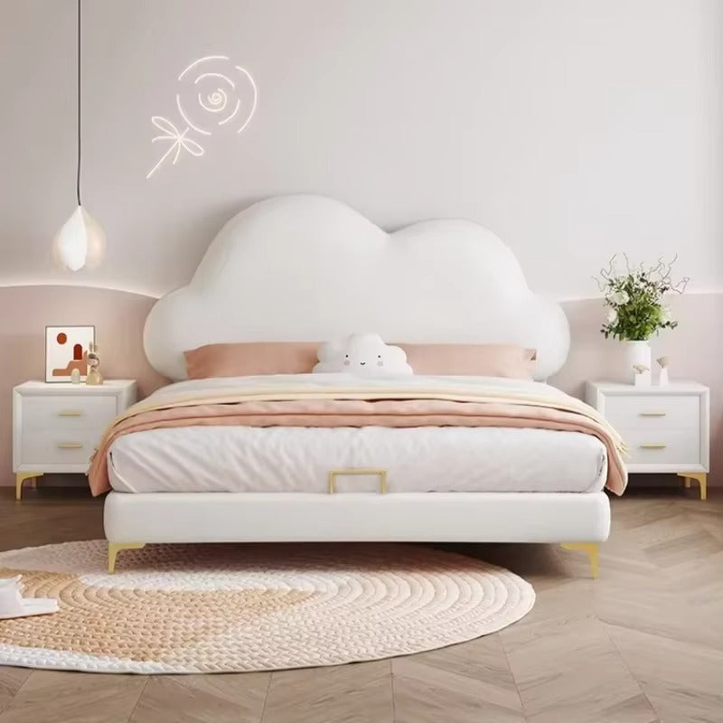 "Designer Cream Small Family Bed Girls Kid Kawaii \nModern bedroom with a cloud-shaped headboard and white furniture."
