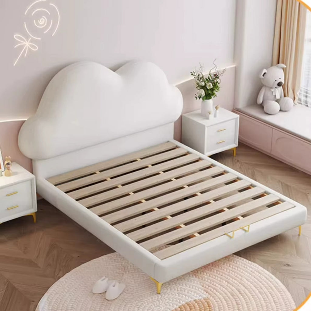 "Designer Cream Small Family Bed Girls Kid Kawaii \nWhite cloud-shaped bed in a bedroom with a teddy bear and flowers on a windowsill."