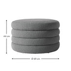 "Italian Style Multifunctional Stools with Simple Storage \nGray cushioned ottoman with dimensions on a white background"