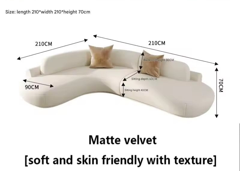 "Modern Luxury Living Room Sofas Minimalist Comfortable Large Size Living Room \nMeasurement chart of a beige sofa with dimensions labeled"