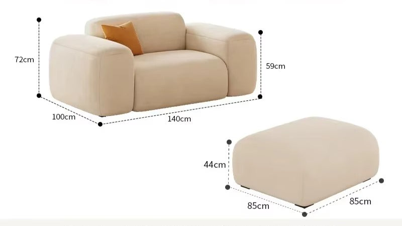 "Multifunctional Relaxing Living Room Sofas Replica Gaming Nordic Accent Living Room Sofas Armchair \nBeige sofa with ottoman and measurements on a white background"