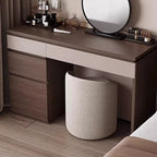 "Wooden Vanity Table, Corner Design Dressing Table Set \nWooden vanity table with round mirror and stool in a bedroom setting"