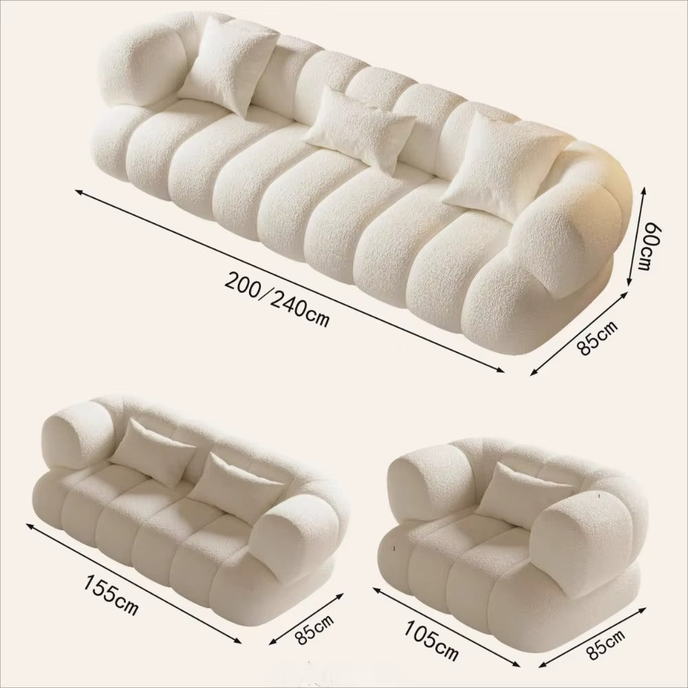 "Plush Luxury Living Room Sofa Europe Family Minimalist Relaxing Sofa \nBeige sofa with dimensions labeled on a white background"