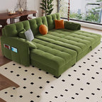 "Green sectional sofa with pull-out bed in a living room setting."