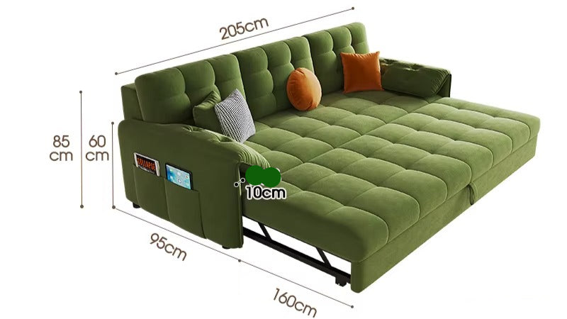 "Green sofa bed with dimensions marked on a white background"