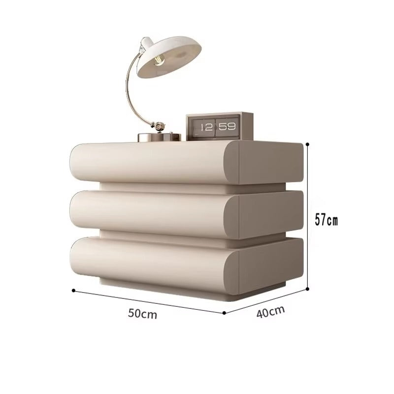 "Beige nightstand with lamp and digital clock, showing dimensions on a white background"