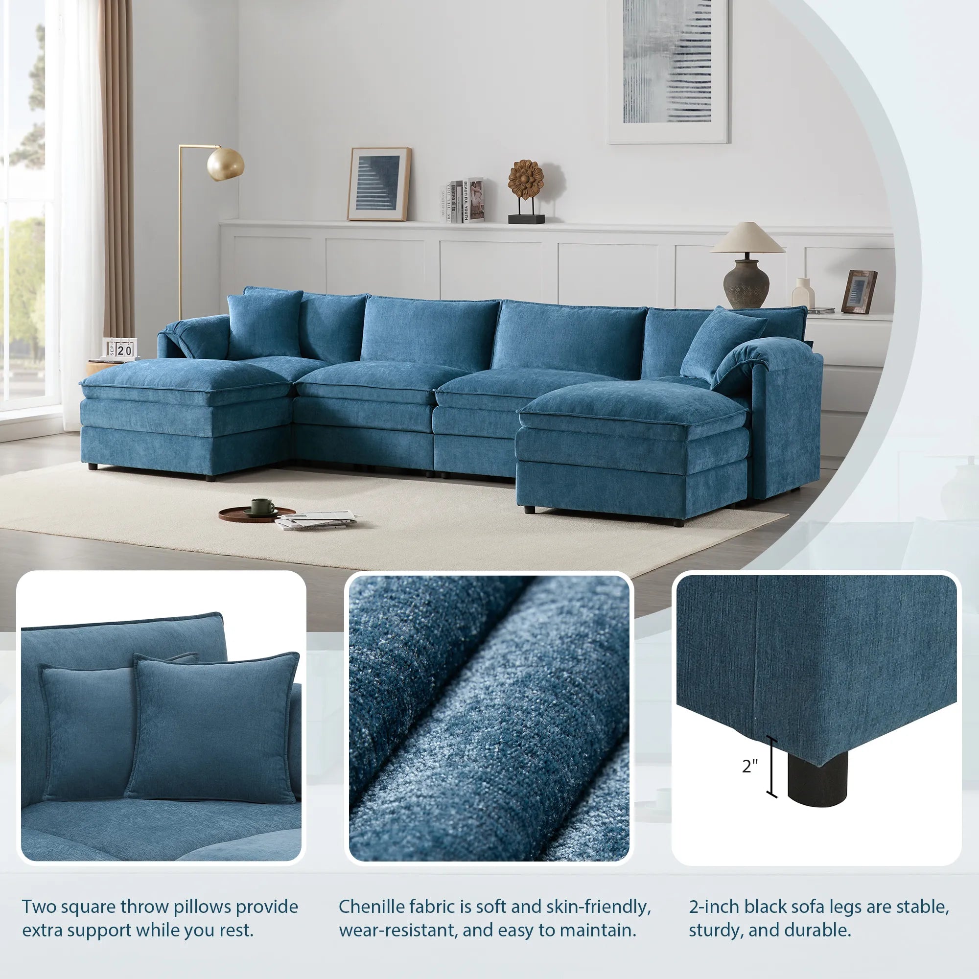 "Blue sectional sofa in a living room setting with close-up details of fabric and legs."