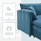 "Blue sofa with thick armrests and text highlighting their support and pillow functions."
