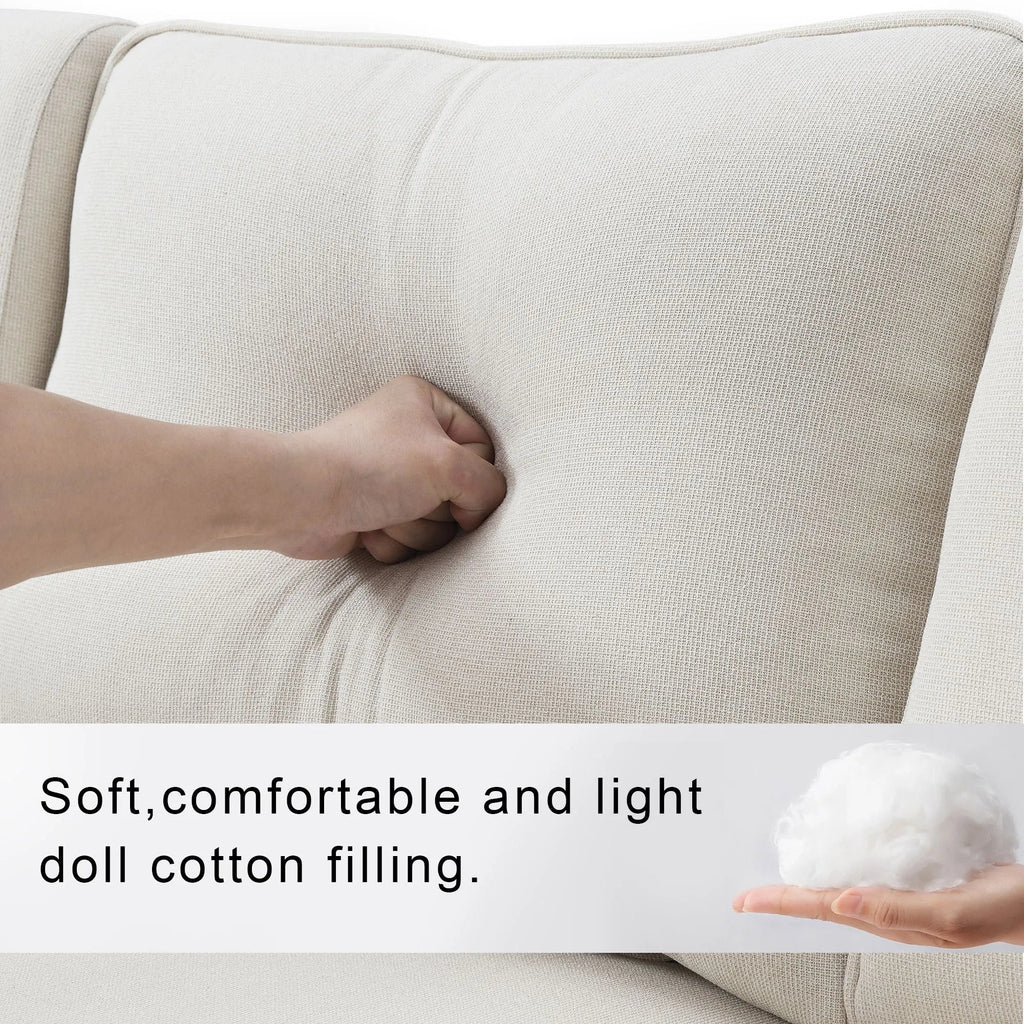 "Hand pressing into a beige sofa cushion with text about soft and light doll cotton filling."