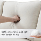 "Hand pressing into a beige sofa cushion with text about soft and light doll cotton filling."