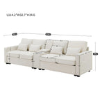 "Beige sectional sofa with dimensions and weight capacity displayed on a white background"