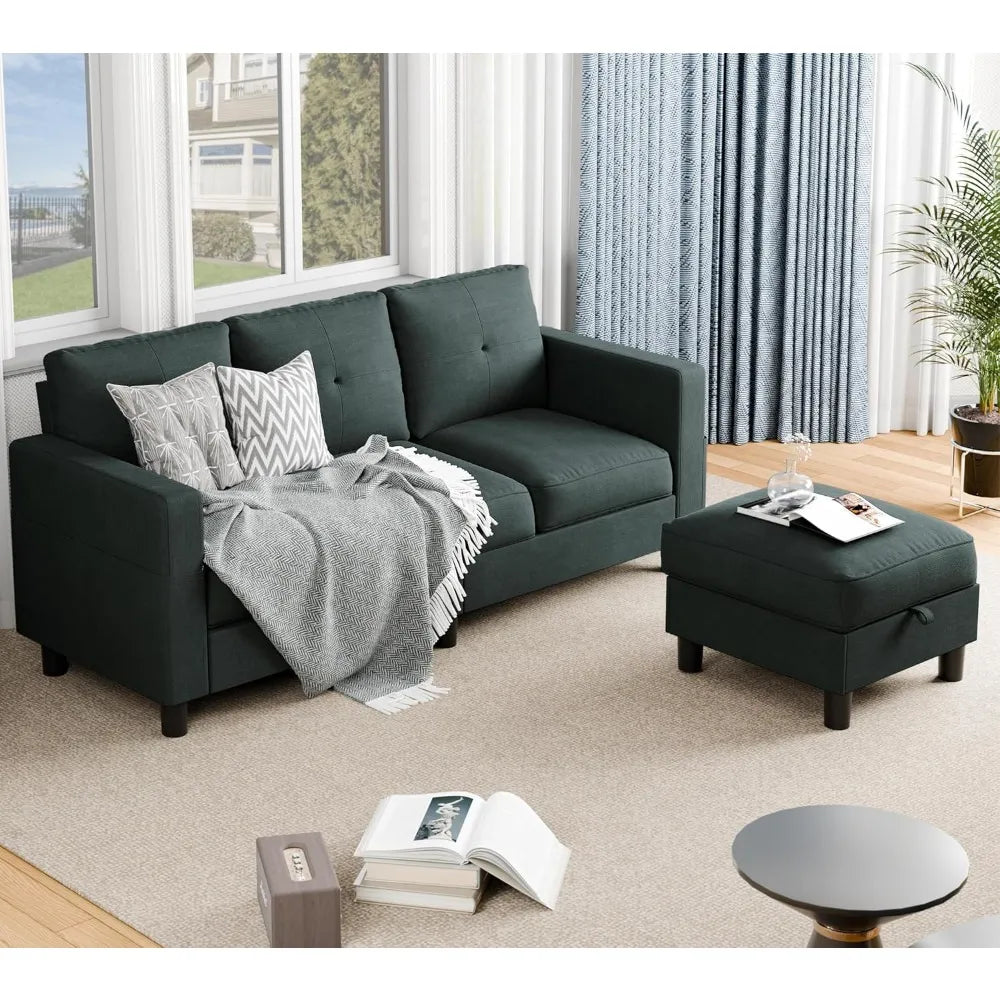 "Green sectional sofa with ottoman in a living room setting"