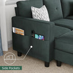 "Green sectional sofa with side pockets containing books and a phone, on a carpeted floor."