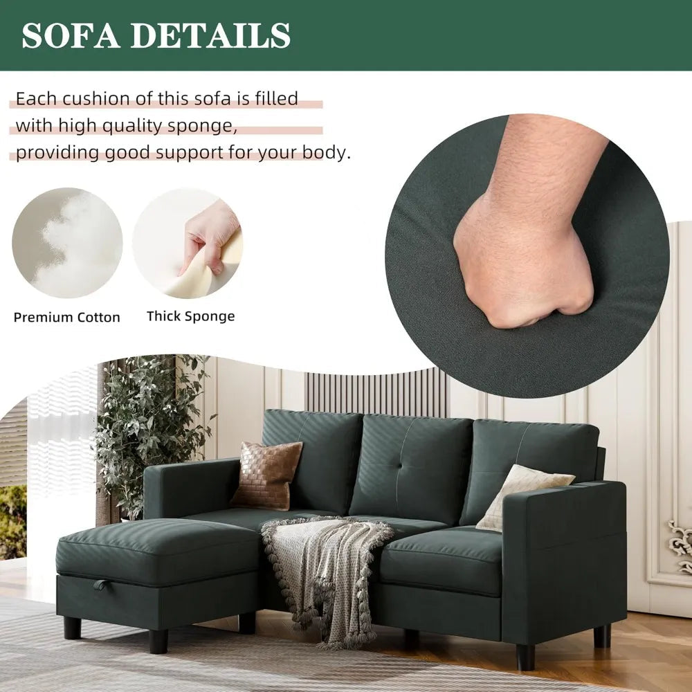 "Green sectional sofa with cushions and a close-up of a hand on a white background."