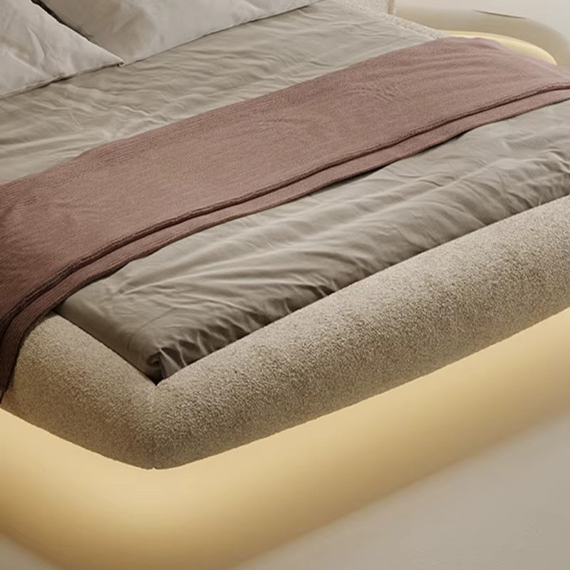 "Floating upholstered king bed"