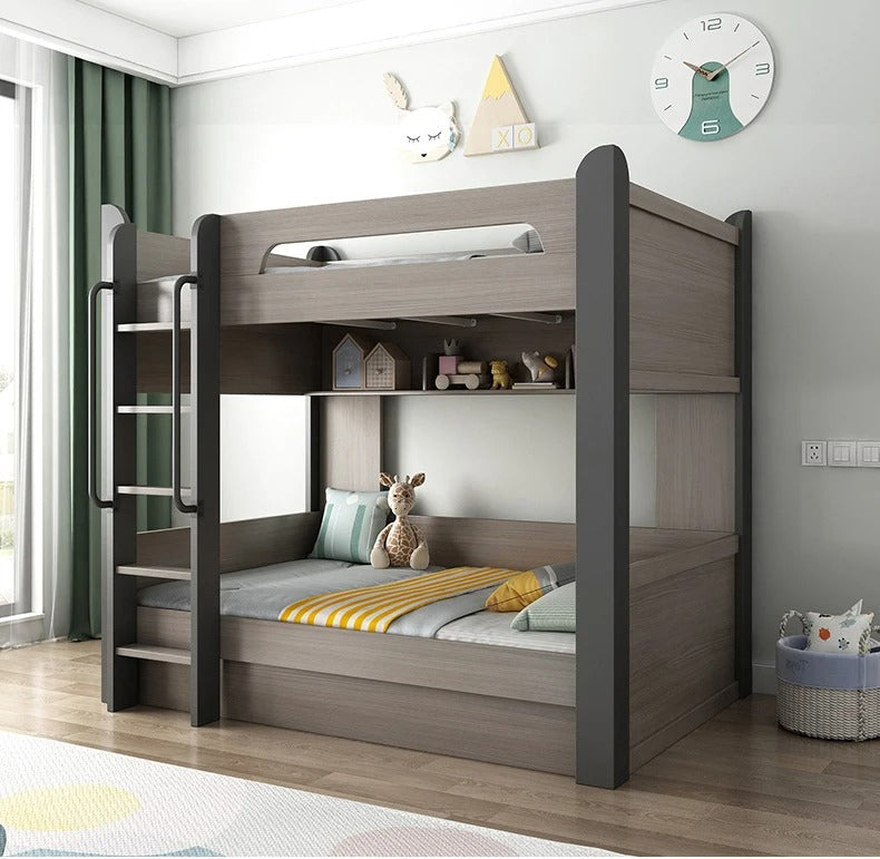 "Wooden bunk bed with toys in a child's room"