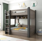 "Wooden bunk bed with toys in a child's room"