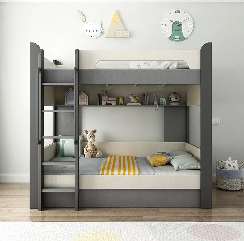 "Gray bunk bed with a ladder in a child's bedroom"