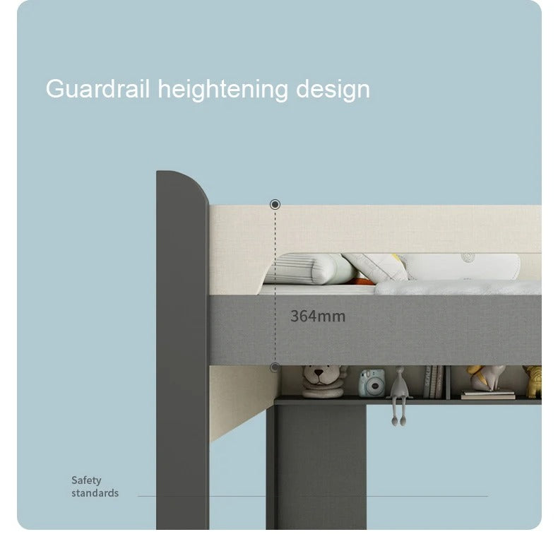 "Bunk bed with guardrail heightening design labeled on a light blue background"