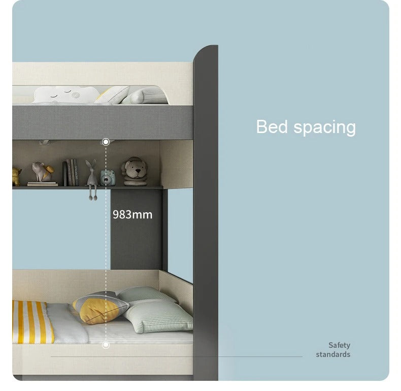 "Bunk bed with labeled spacing measurement against a light blue background"