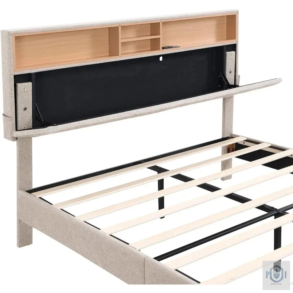 Wooden Platform Upholstered Bed Frame with with Storage Headboard.