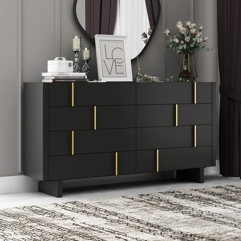 Black 8-Drawer Dresser with Gold Accents.