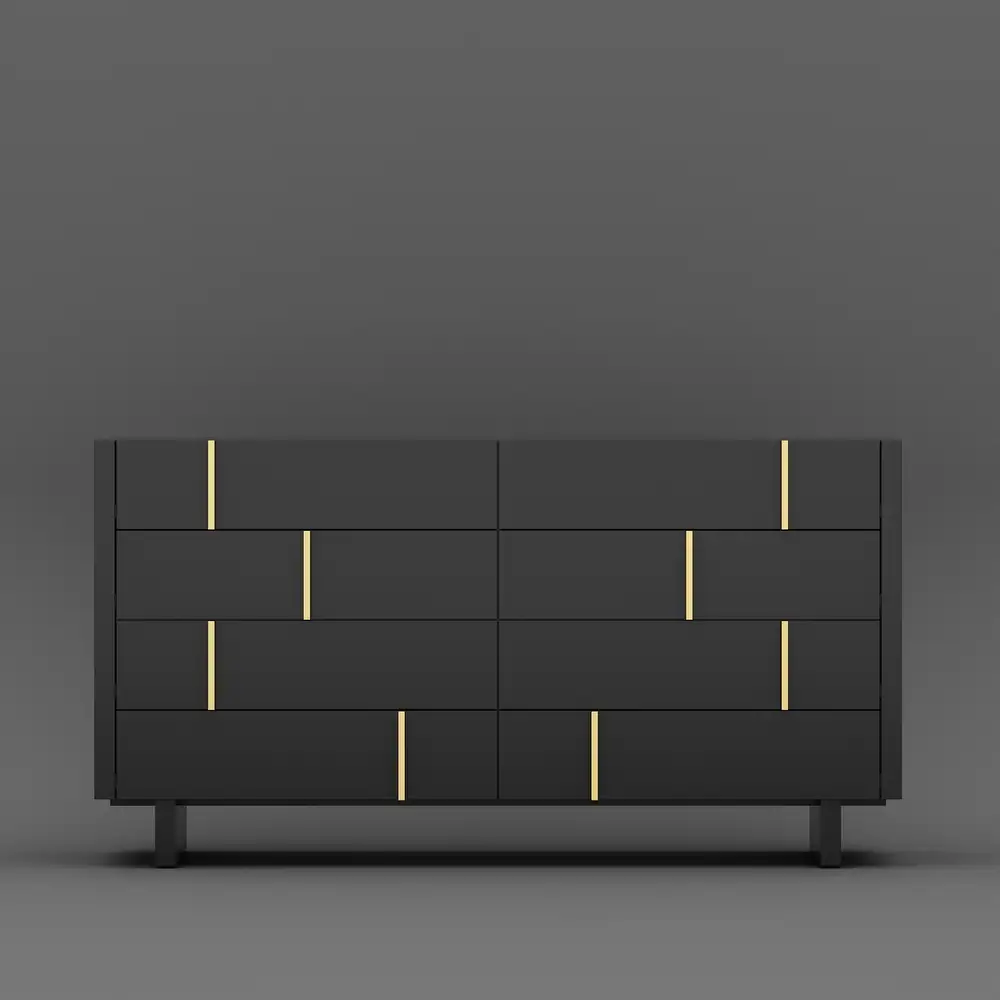 Black 8-Drawer Dresser with Gold Accents.