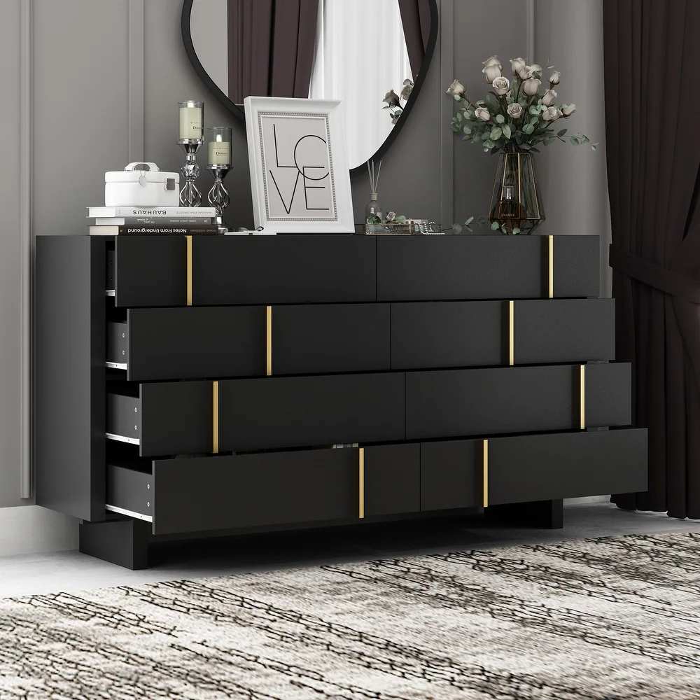 Black 8-Drawer Dresser with Gold Accents.