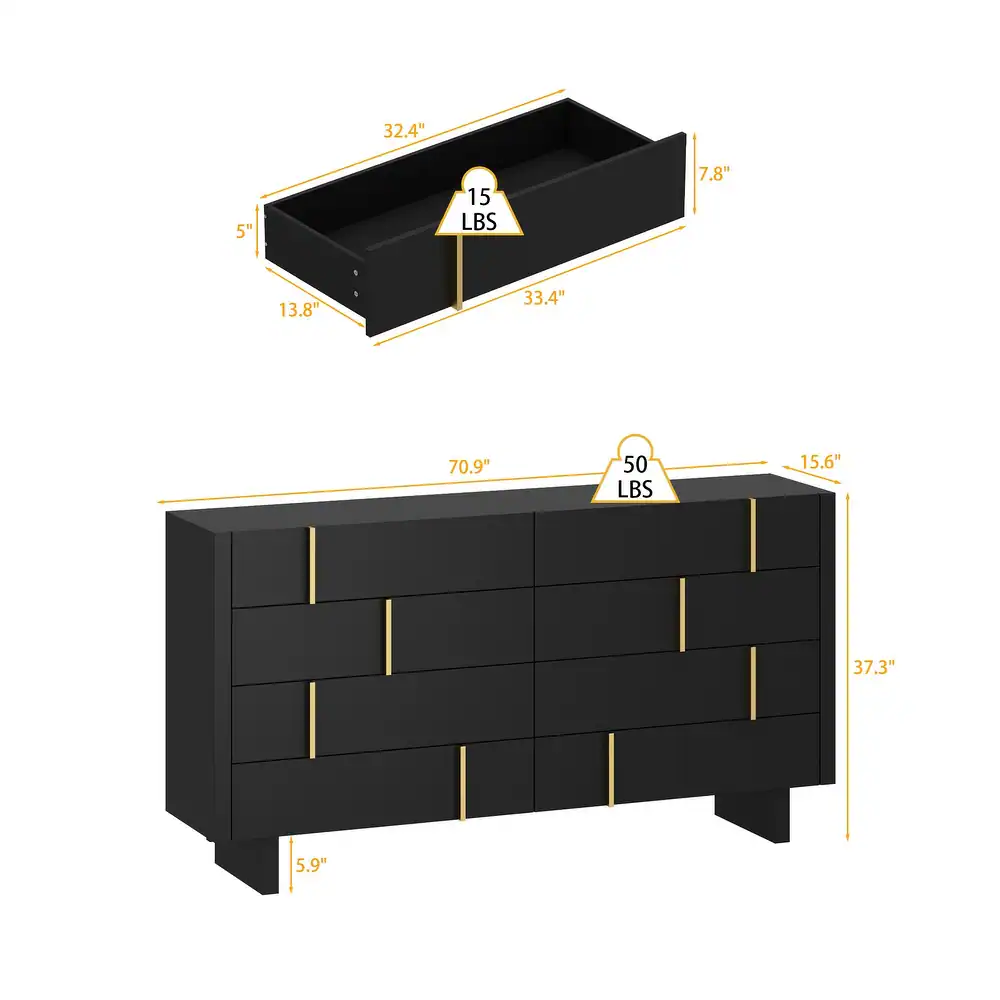 Black 8-Drawer Dresser with Gold Accents.