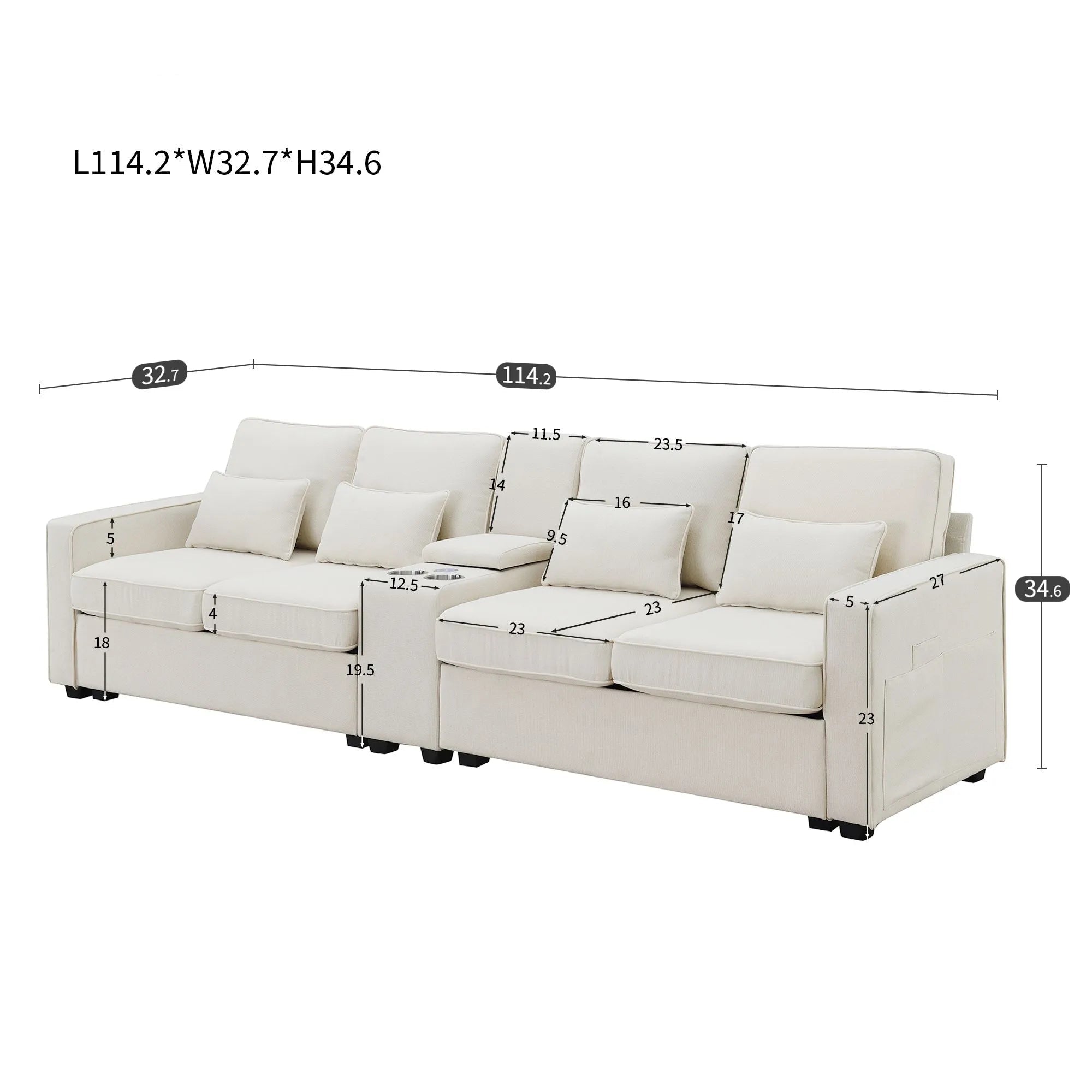 Upholstered Sofa Furniture with Console 2 Cupholders Modern Linen Fabric