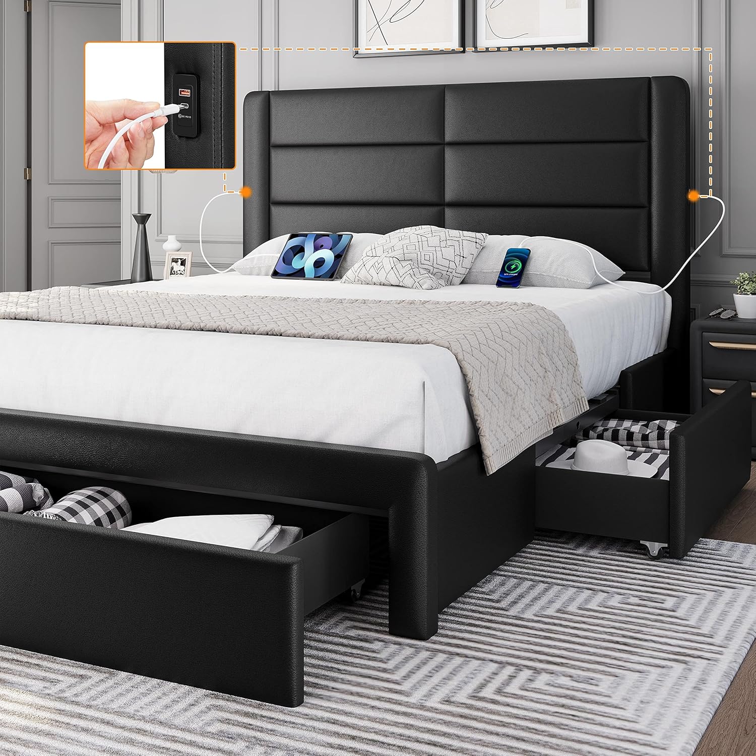 Modern Bed with Storage Drawers, USB Ports, High Upholstered Headboard