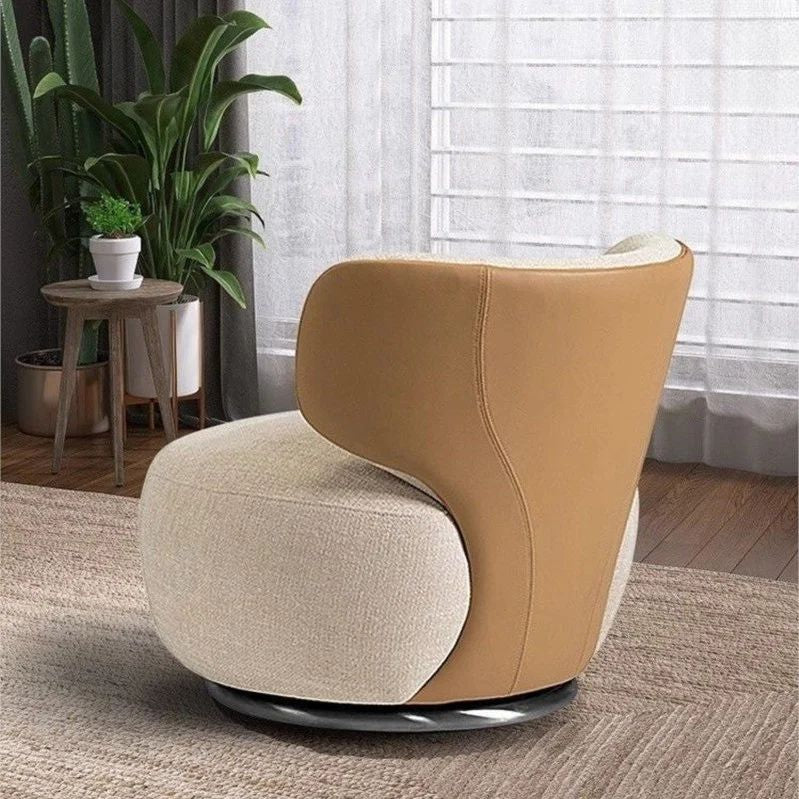 "Modern armchair with beige and brown design in a room with plants and curtains."