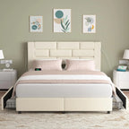 Upholstered Bed Frame with High Headboard, Storage Drawers, USB Charging Ports