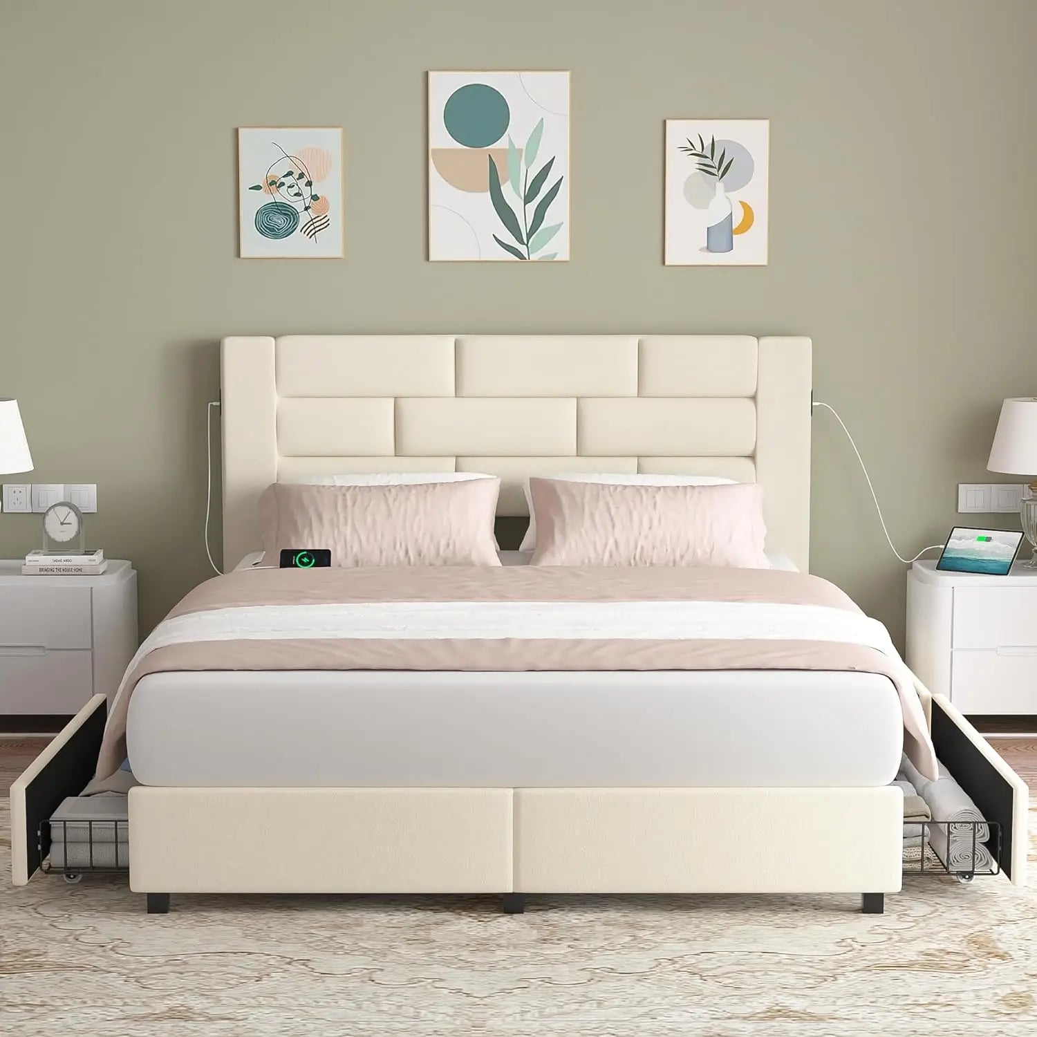 Upholstered Bed Frame with High Headboard, Storage Drawers, USB Charging Ports