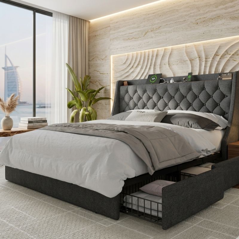 Alora Grand Vanguard Wingback Tufted Storage Bed
