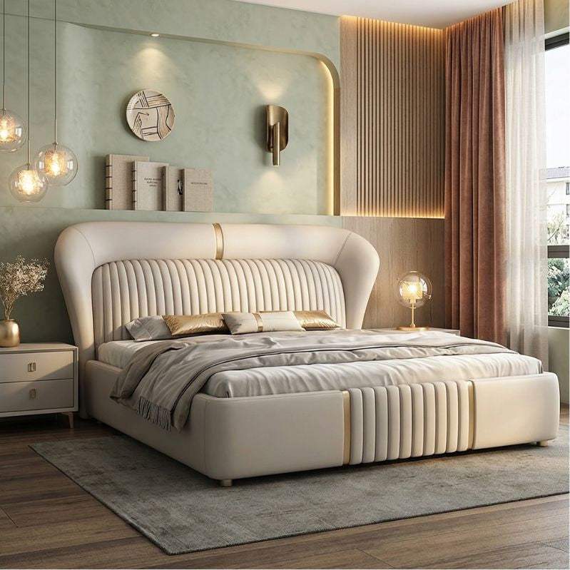 Aurelian Wing Bed - Sculptural Fluted Headboard with Brushed Gold Inlays
