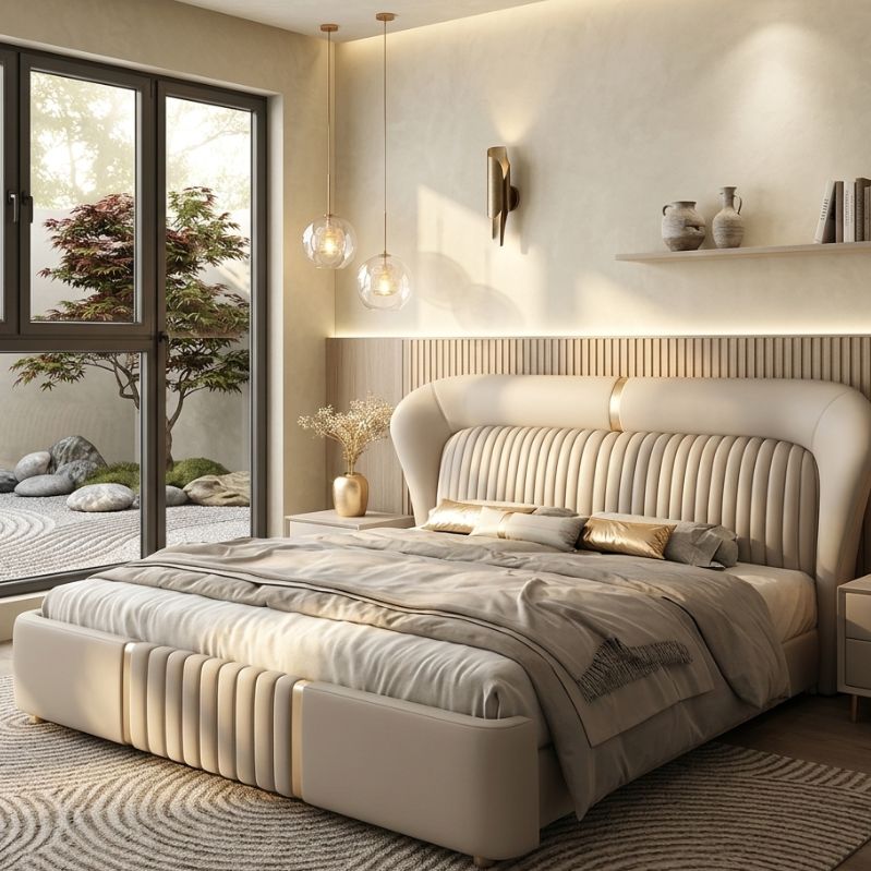 Aurelian Wing Bed - Sculptural Fluted Headboard with Brushed Gold Inlays