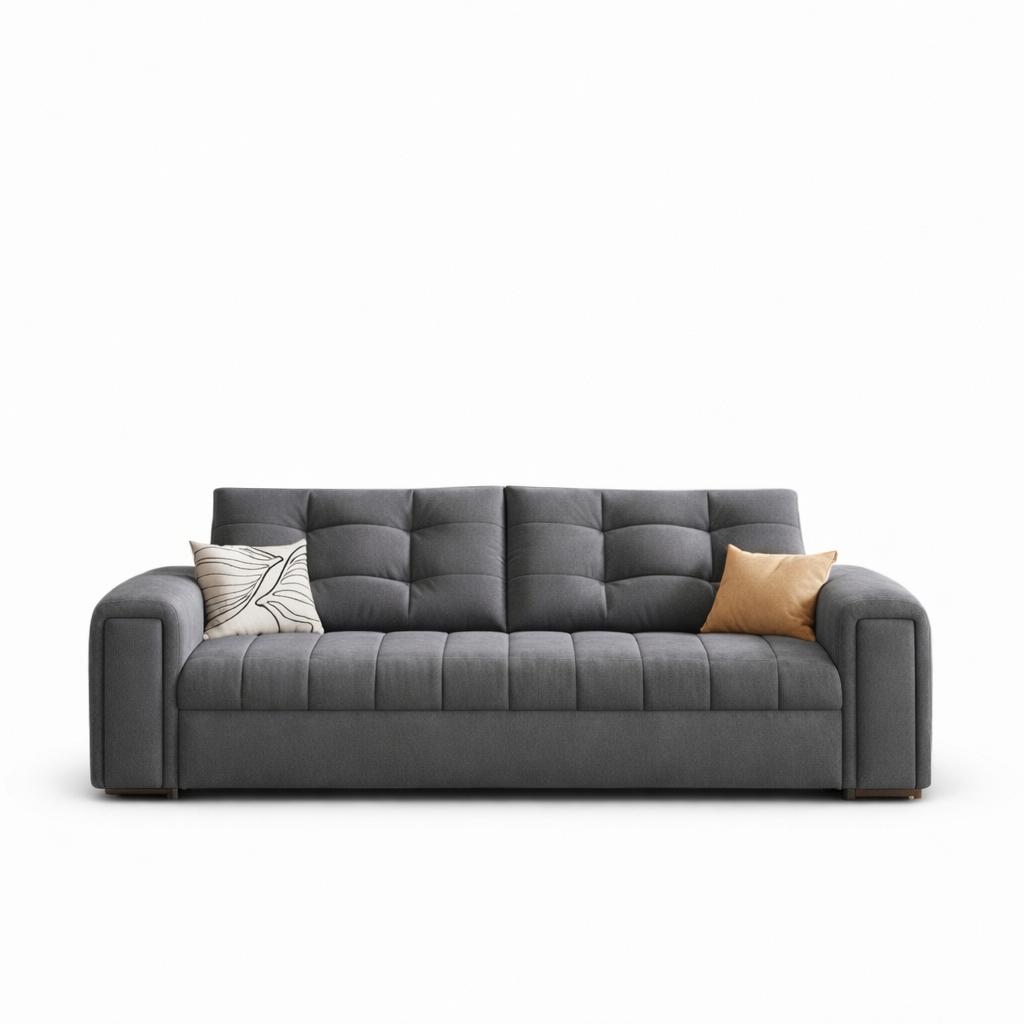 Gray sofa with two pillows on a white background. Classic sofa bed, Beatrice gray sofa bed, Living room sofa, Classic sofa, minimalist sofa bed design.