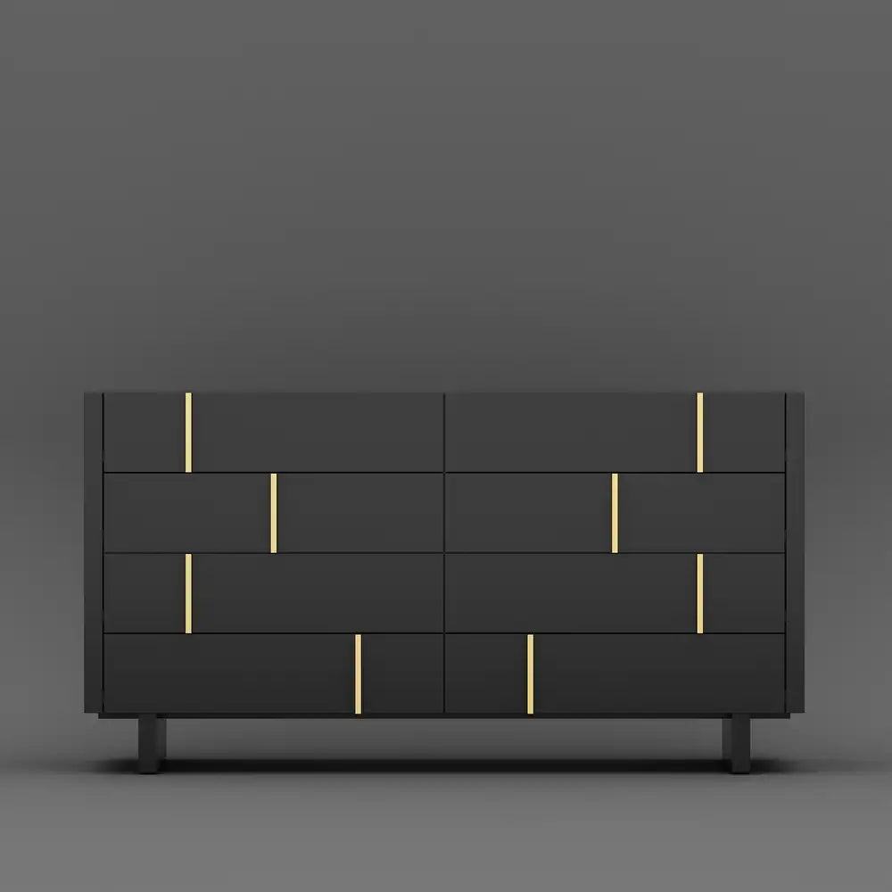 Black dresser with gold accents on a gray background. Bedroom furniture, Aesthetic modern design. 